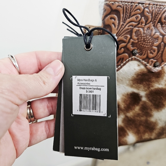 Myra Ornate Brown Leather & HairOn Shoulder Crossbody Purse NWT - Picture 5 of 9